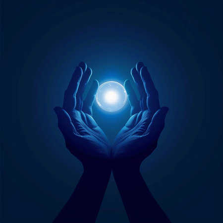 Hands holding moon on dark blue background. Vector illustration for your designの素材