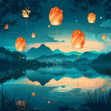 Paper lanterns in the lake with mountains in the background. Vector illustration.の素材