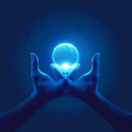 Glowing crystal ball in hands on dark blue background. 3D renderingの素材