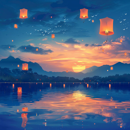 Paper lanterns floating on the lake with sunset background. Vector illustration.の素材