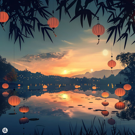 Lanterns on the lake at sunrise. Vector illustration.の素材