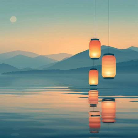 Lanterns on the lake at sunset. Vector illustration.の素材