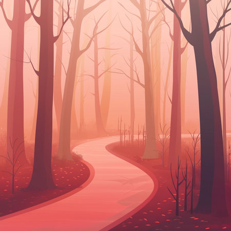 Autumn forest with road and fog, vector illustration, eps 10の素材