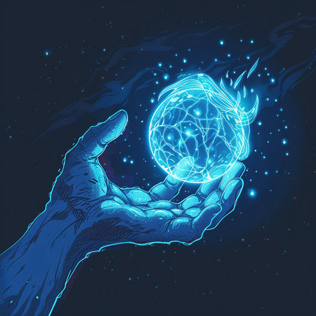 Hands holding a glowing globe in space. Vector illustration on dark background.の素材