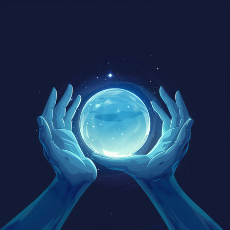Hands holding the moon on a dark background. Vector illustration.の素材
