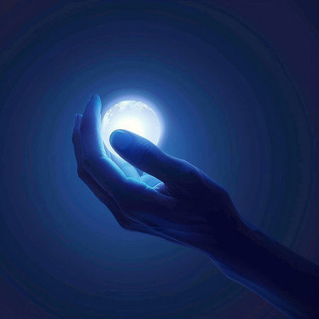 Close up of human hand holding moon in dark space. Future conceptの素材