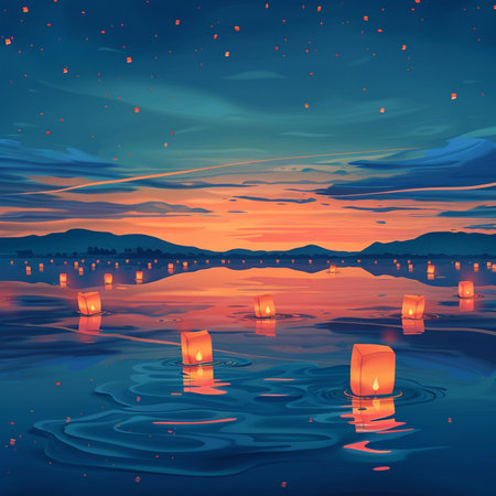 Night landscape with floating candles on the water. Vector illustration. Eps 10の素材