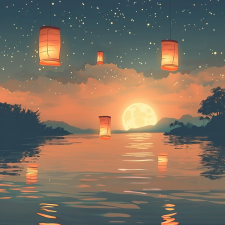 Illustration of paper lanterns floating in the sky at night.の素材