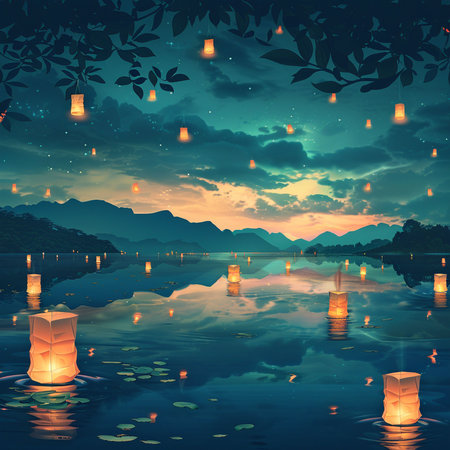Lanterns floating on the lake at night. Vector illustration.の素材