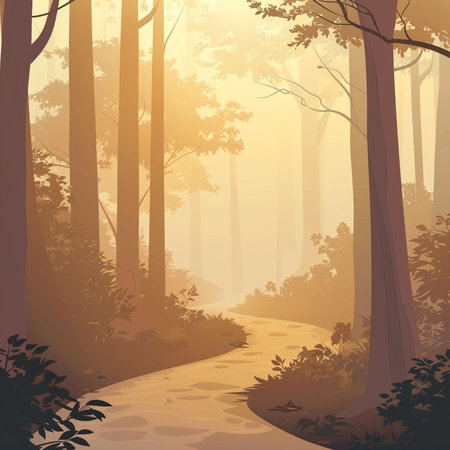 Forest trail in the morning mist. Vector illustration. Eps 10.の素材