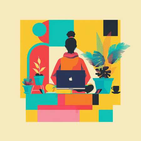 Working at home. Freelance woman with laptop. Vector illustrationの素材