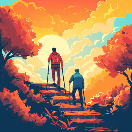 Vector illustration of two men walking in the autumn forest. Active lifestyle, healthy lifestyle.の素材
