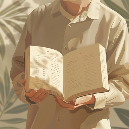 Man reading a book on the background of palm leaves. Vector illustration.の素材
