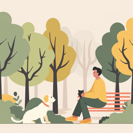 Man sitting on bench in park with dog and cat. Flat style vector illustration.の素材