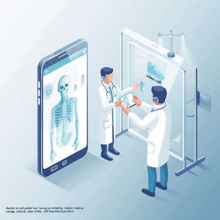 Isometric doctor and patient with x-ray on mobile phone.の素材