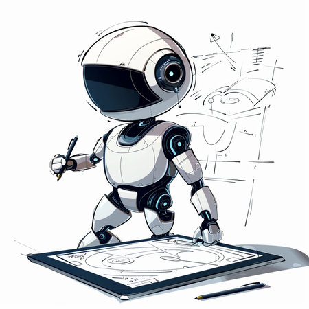 Robot draws on tablet. Vector illustration of a cartoon robot.の素材