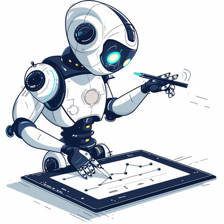 Vector illustration of a robot working on a tablet. Artificial intelligence concept.の素材