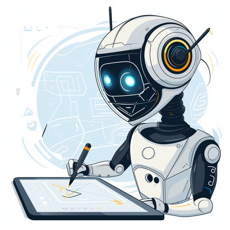 Vector illustration of a robot with a pen and a tablet computer.の素材