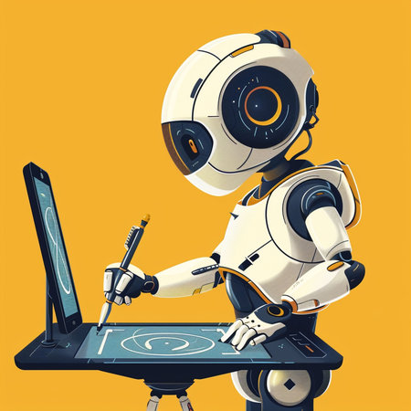 Robot with a laptop on a yellow background. Vector illustration.の素材