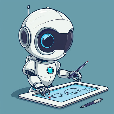 Vector illustration of cute cartoon robot working on tablet computer. Isolated on blue background.の素材