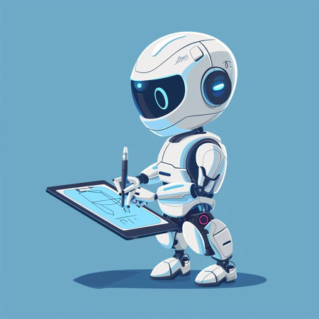Robot with tablet. Artificial intelligence concept. Vector illustration in cartoon style.の素材