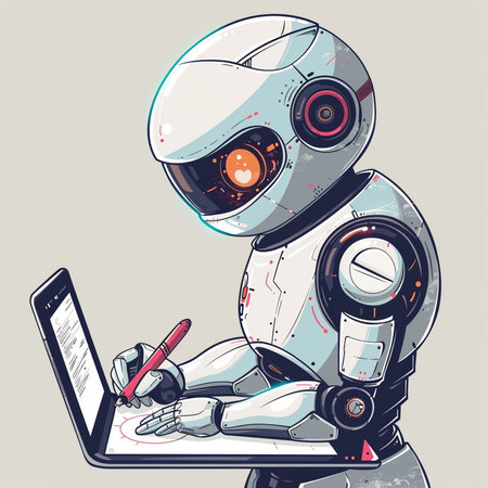 Robot working on a laptop. Vector illustration in retro style.の素材
