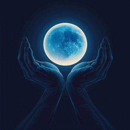 Hands of a man and a moon on a dark blue backgroundの素材