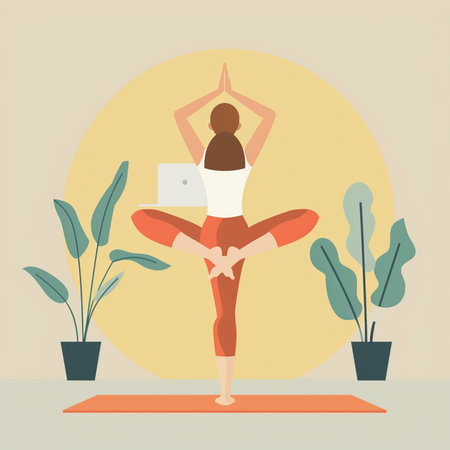 Woman practicing yoga in front of laptop. Vector illustration in flat style.の素材