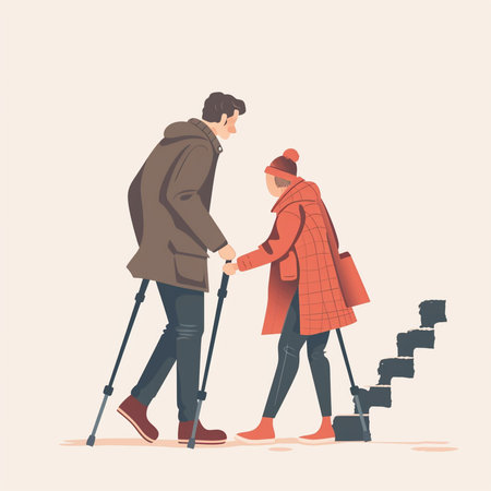 Man and woman walking with crutches. Flat style vector illustration.の素材
