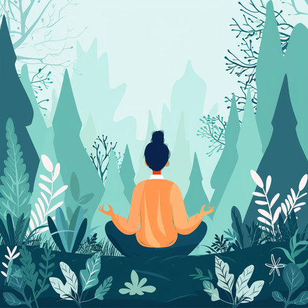 Woman meditating in lotus position in the forest. Vector illustrationの素材