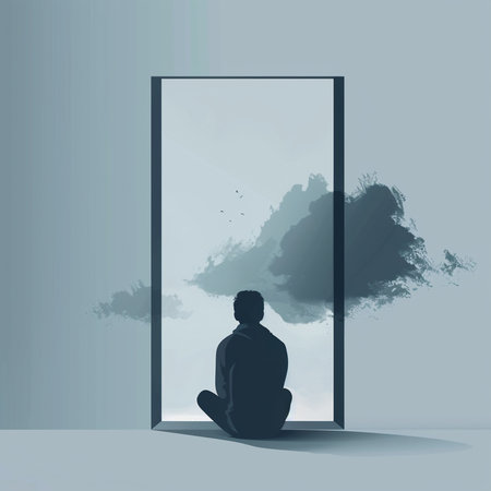 Silhouette of a man sitting in front of a glass doorの素材