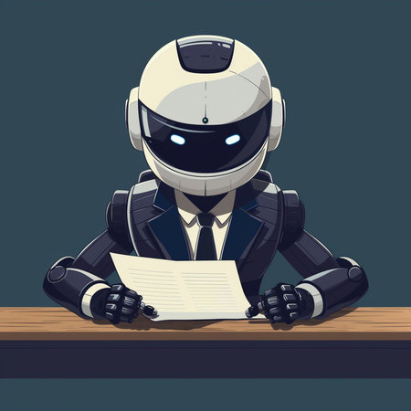 Cyborg sitting on the table and reading a newspaper. Vector illustration.の素材
