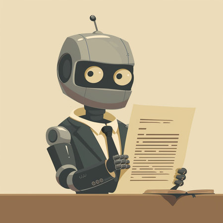 Retro robot reading a document. Vector illustration in cartoon style.の素材