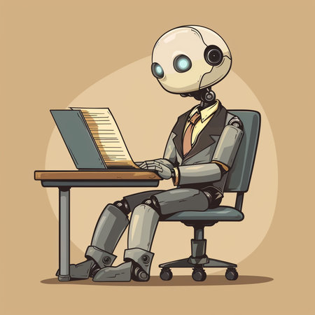 Robot sitting on chair and working on laptop. Vector illustration.の素材