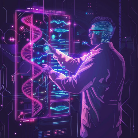 Vector futuristic holographic illustration of a scientist in virtual reality glasses. Future technology concept.の素材