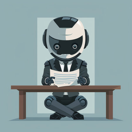 Robot sitting at table and reading a newspaper. Vector illustration.の素材