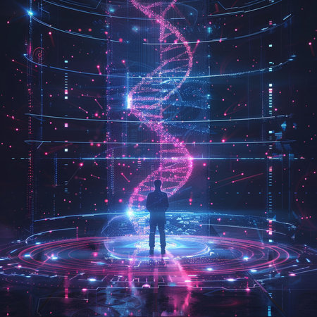 Man standing in front of glowing dna structure. 3D Renderingの素材