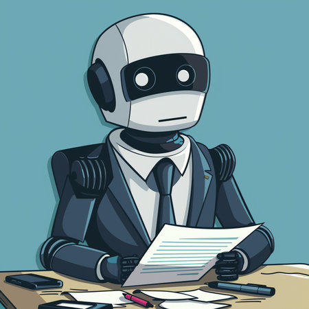 Robot sitting at the table and reading a document. Vector illustration.の素材
