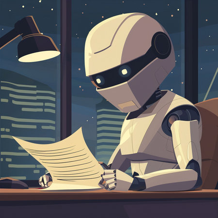 Vector illustration of a robot reading a newspaper at the table in the officeの素材