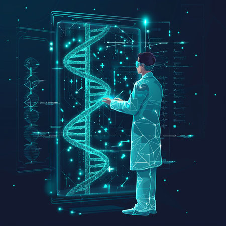 Scientist in lab coat working with dna molecule, vector illustration.の素材