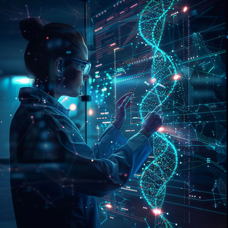 Side view of young female scientist in eyeglasses working with dna molecule hologram. Research concept. Double exposureの素材