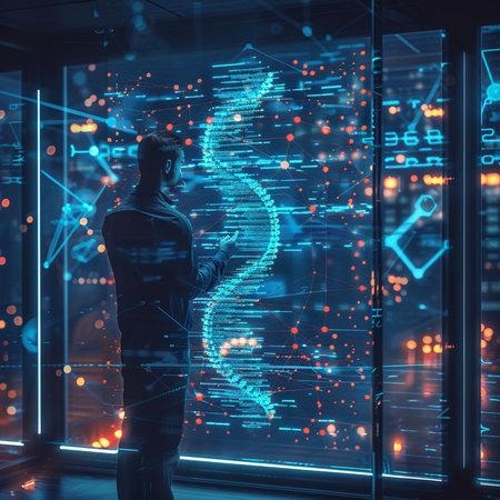 Side view of young businessman looking at glowing dollar sign hologram on blurry office interior background. Finance concept. Double exposureの素材