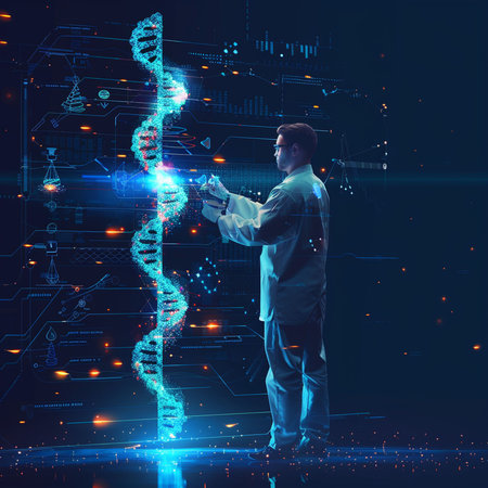 Businessman looking at hologram DNA structure. Science and technology concept. 3D Renderingの素材