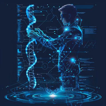 Abstract future, technology, science and people concept - silhouette of man and woman on blue background. Vector illustrationの素材