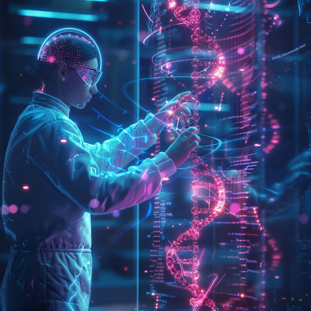 Scientist working with dna molecule hologram over blue background. Toned image double exposureの素材