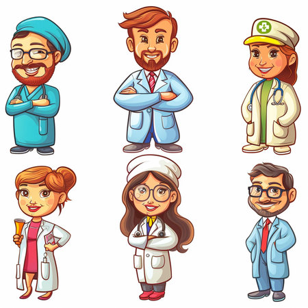 Cartoon doctors and nurses characters set. Vector illustration isolated on white background.の素材