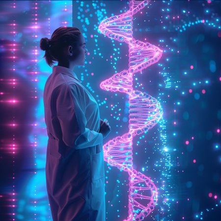 Scientist looking at DNA strands against blue background with vignetteの素材