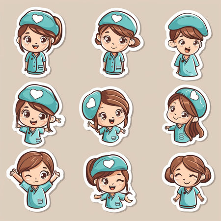 Cartoon set of cute nurse and doctor stickers. Vector illustration.の素材