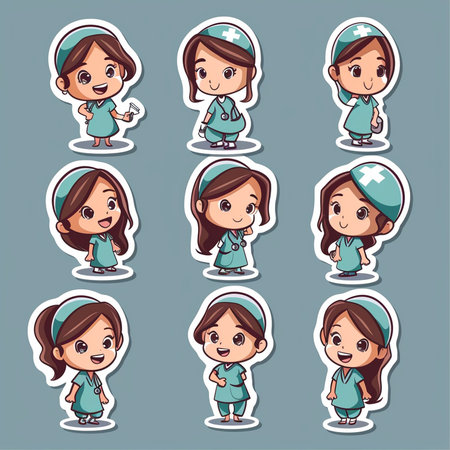 Cartoon nurse character set. Vector illustration isolated on gray background.の素材
