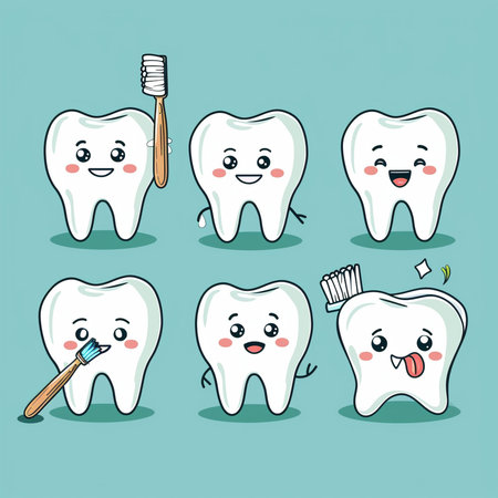 cute cartoon tooth character with toothbrush vector illustration. dental conceptの素材